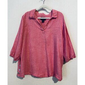 Tahari Top Womens 3X Pink Linen Side Seam Buttons Barbie Lagenlook Boho Beachy